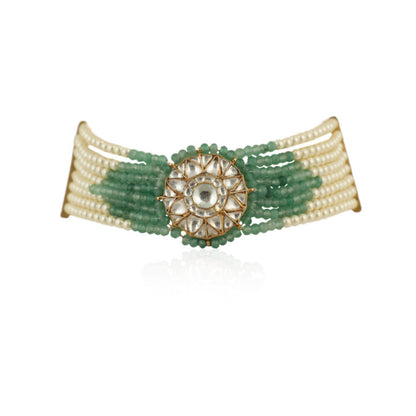 Round  Small Pendent With Sea Green And White Moti Line Atteched  Necklace With Tops