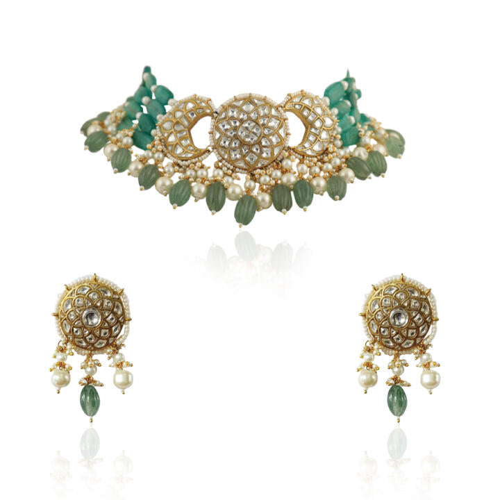 White And Sea Green Choker Set