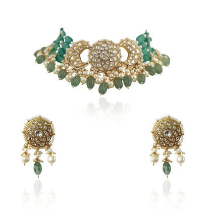 White And Sea Green Choker Set