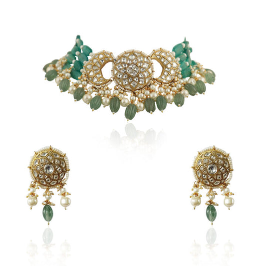 White And Sea Green Choker Set