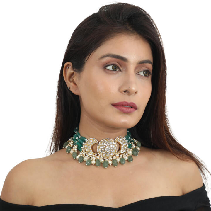 White And Sea Green Choker Set