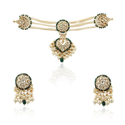 White And Green Choker Set With Pearls And Green Beads