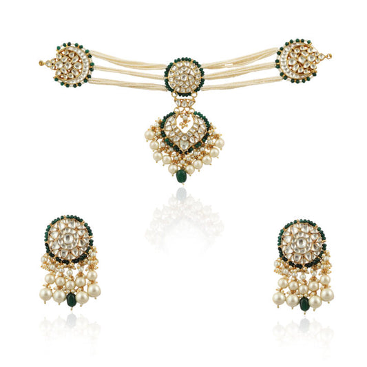 White And Green Choker Set With Pearls And Green Beads