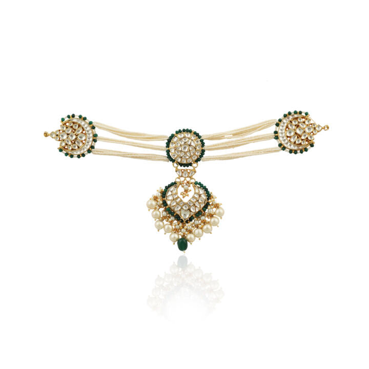 White And Green Choker Set With Pearls And Green Beads