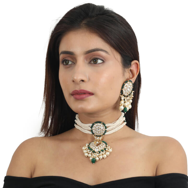 White And Green Choker Set With Pearls And Green Beads