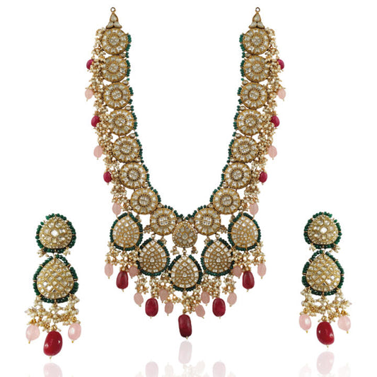 White Jadtar Stone Heavy Long Necklace Set Beadded Light Pink And Dark Pink Beads