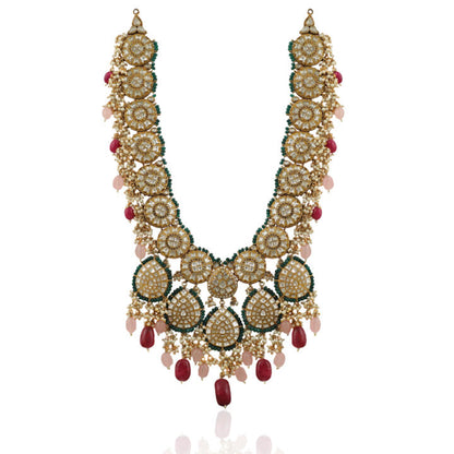 White Jadtar Stone Heavy Long Necklace Set Beadded Light Pink And Dark Pink Beads