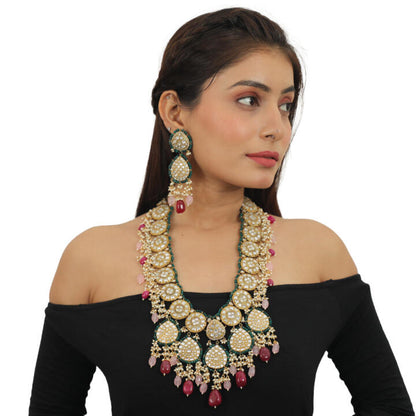 White Jadtar Stone Heavy Long Necklace Set Beadded Light Pink And Dark Pink Beads