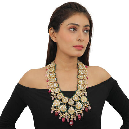 White Jadtar Stone Heavy Long Necklace Set Beadded Light Pink And Dark Pink Beads