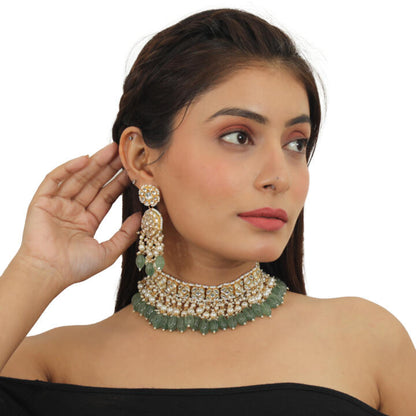 White Jadtar Stone With Sea Green Beads Choker Set