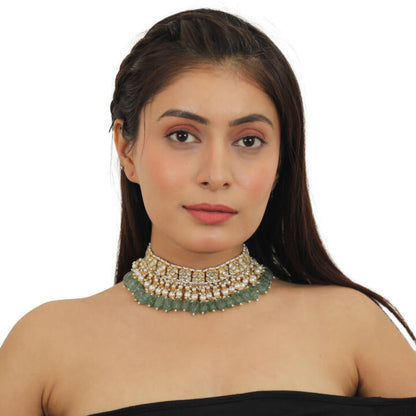 White Jadtar Stone With Sea Green Beads Choker Set
