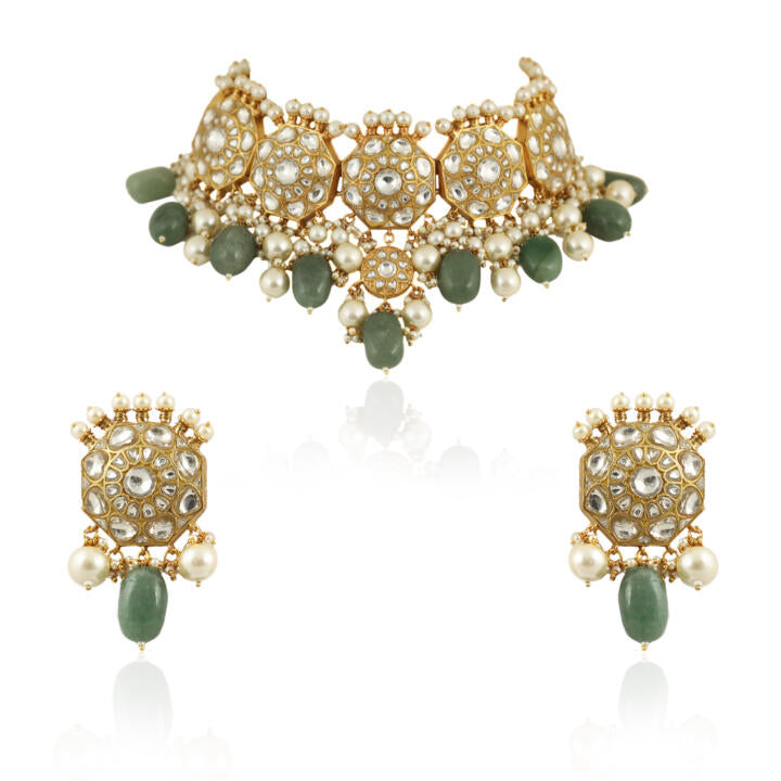 Traditional 22Kt Choker Neckace Set Studded With White Jadtar Stones And Sea Green Beads With Pearls