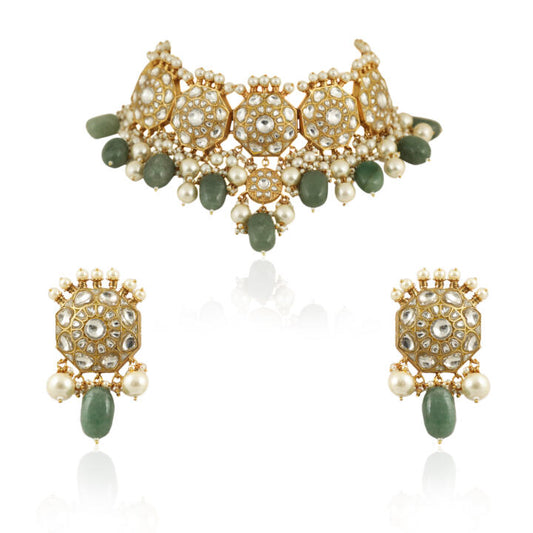 Traditional 22Kt Choker Neckace Set Studded With White Jadtar Stones And Sea Green Beads With Pearls