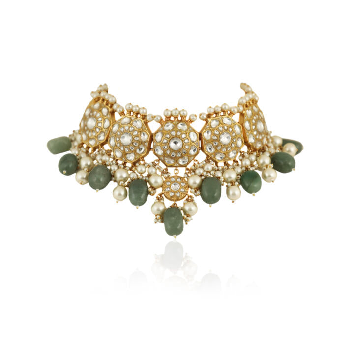 Traditional 22Kt Choker Neckace Set Studded With White Jadtar Stones And Sea Green Beads With Pearls