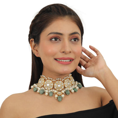 Traditional 22Kt Choker Neckace Set Studded With White Jadtar Stones And Sea Green Beads With Pearls