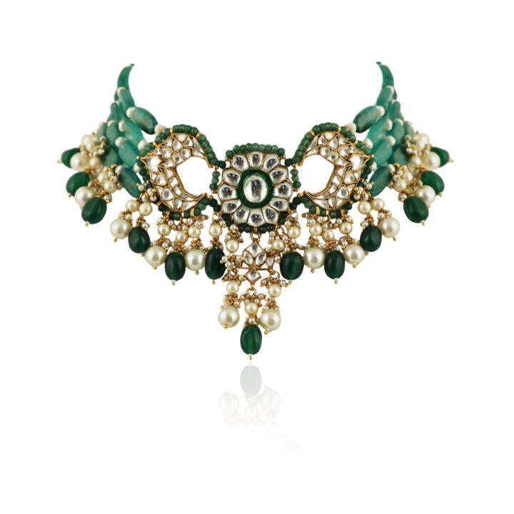 Sea Green And White  With Green Beads Choker Set