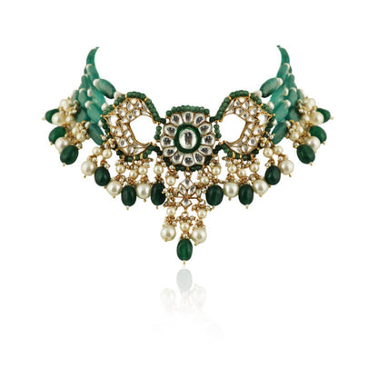 Sea Green And White  With Green Beads Choker Set