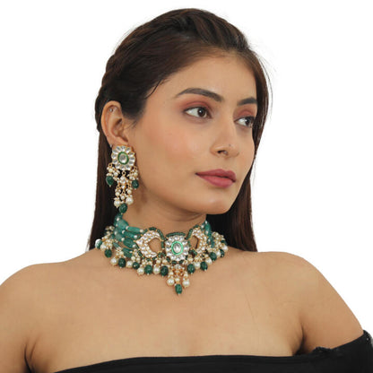 Sea Green And White  With Green Beads Choker Set