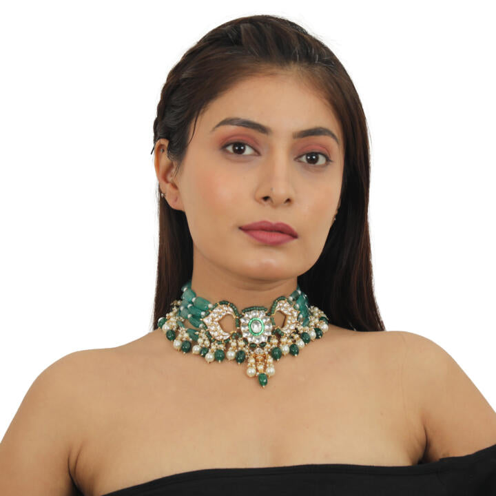 Sea Green And White  With Green Beads Choker Set