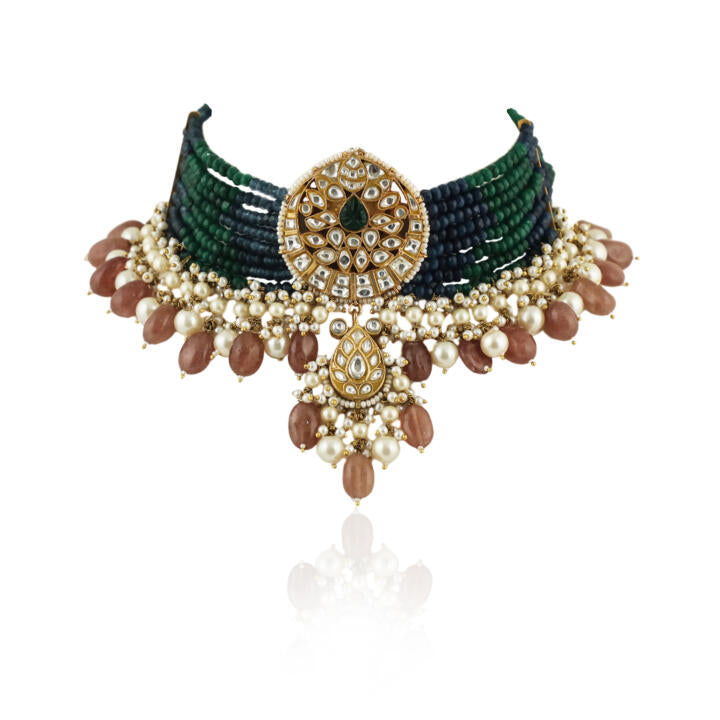 22Kt Gold Plated Choker Necklace Set With Blue And Green Belt, Beaded With Pastel Pink Beads