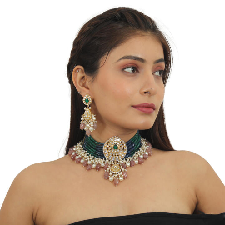 22Kt Gold Plated Choker Necklace Set With Blue And Green Belt, Beaded With Pastel Pink Beads