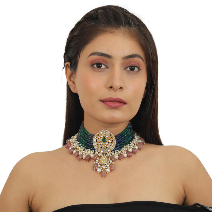 22Kt Gold Plated Choker Necklace Set With Blue And Green Belt, Beaded With Pastel Pink Beads