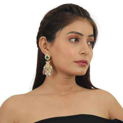 22Kt Gold Plated Choker Necklace Set With Blue And Green Belt, Beaded With Pastel Pink Beads