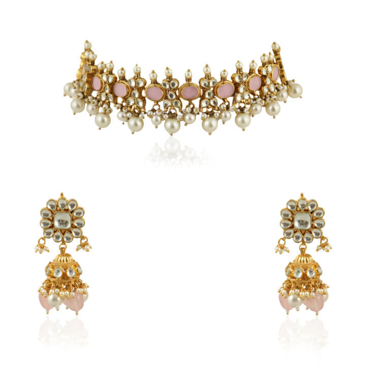 Light Pink Choker Set With White Pearl