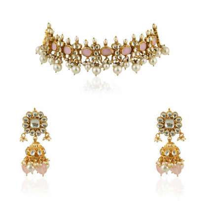 Light Pink Choker Set With White Pearl