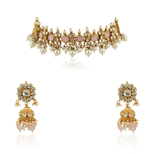 Light Pink Choker Set With White Pearl