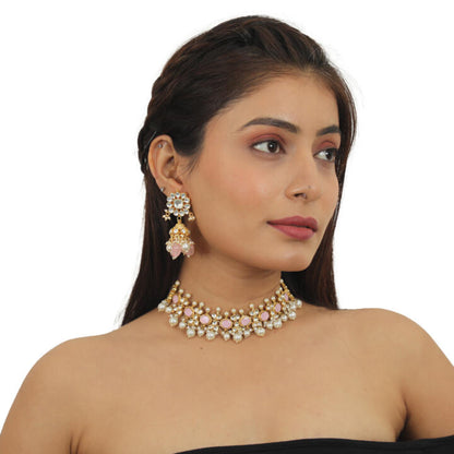 Light Pink Choker Set With White Pearl
