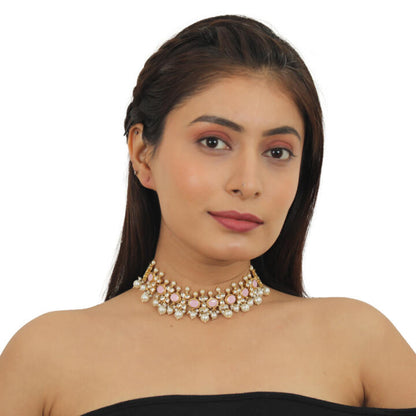 Light Pink Choker Set With White Pearl