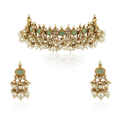 Light Green Choker Set With White Pearl