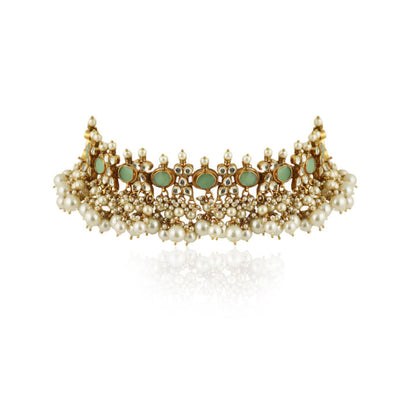 Light Green Choker Set With White Pearl