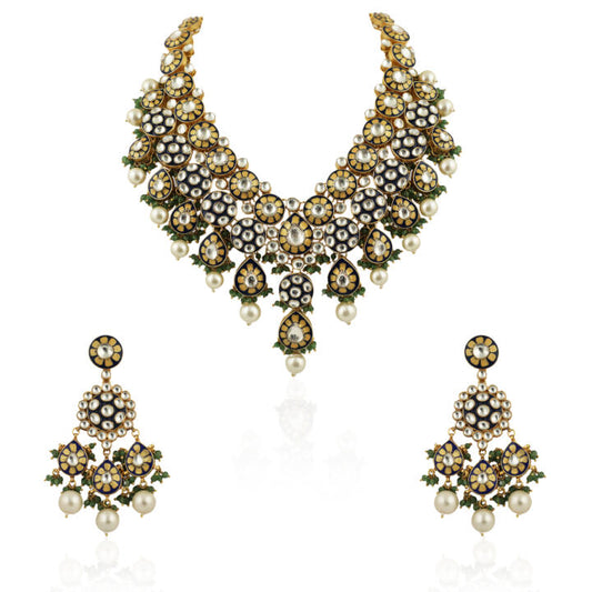 Handcrafted Minawork  Necklace Set With Sea Green Beads And Pearls