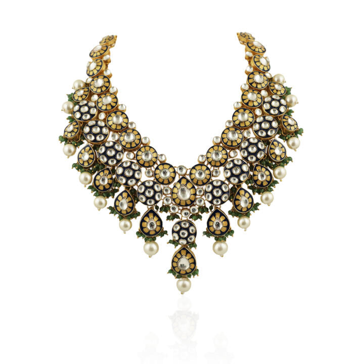 Handcrafted Minawork  Necklace Set With Sea Green Beads And Pearls
