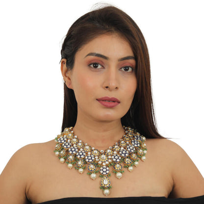 Handcrafted Minawork  Necklace Set With Sea Green Beads And Pearls