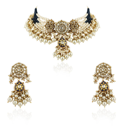 Blue Meenawork Choker Set With White Pearl