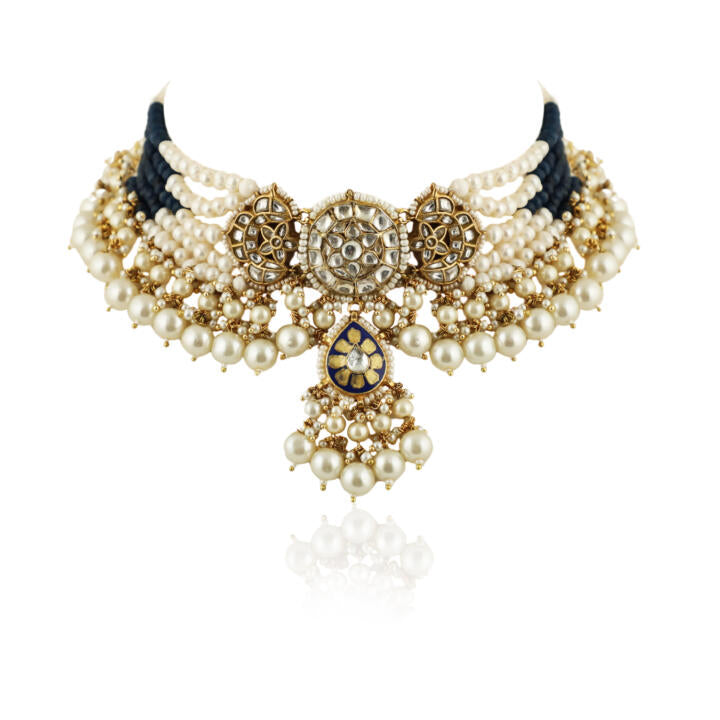 Blue Meenawork Choker Set With White Pearl