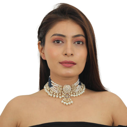 Blue Meenawork Choker Set With White Pearl