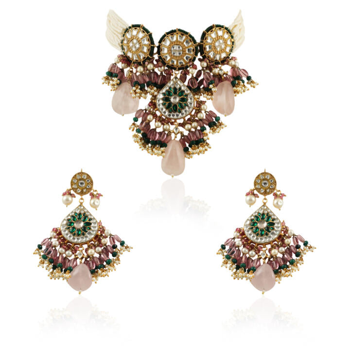 White And Green Stone Choker Set  With Green Moti Work Beadded Light Pink Beads