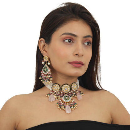 White And Green Stone Choker Set  With Green Moti Work Beadded Light Pink Beads
