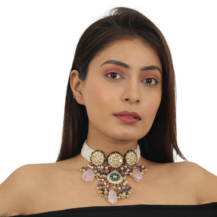 White And Green Stone Choker Set  With Green Moti Work Beadded Light Pink Beads