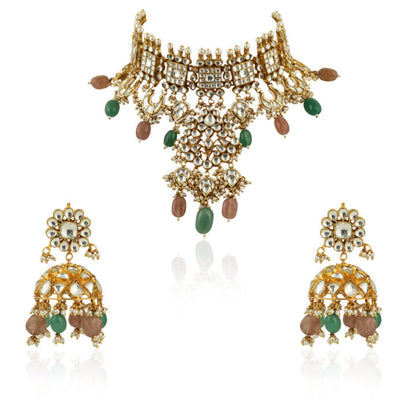 Pastel Pink And Sea Green  Necklace  With Jhumki