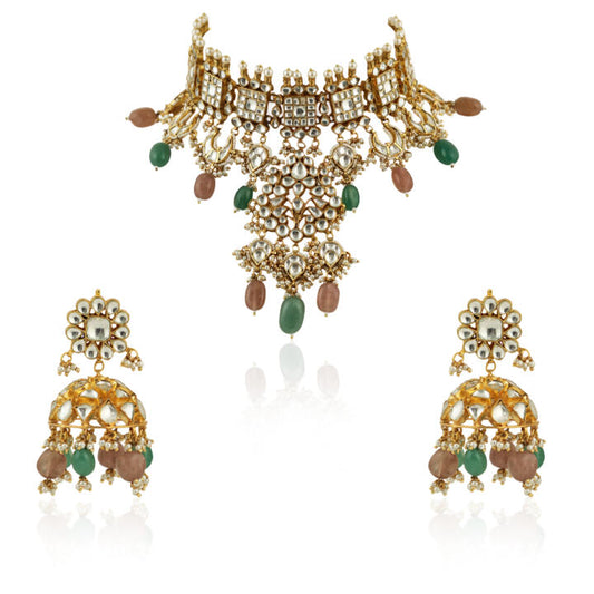 Pastel Pink And Sea Green  Necklace  With Jhumki