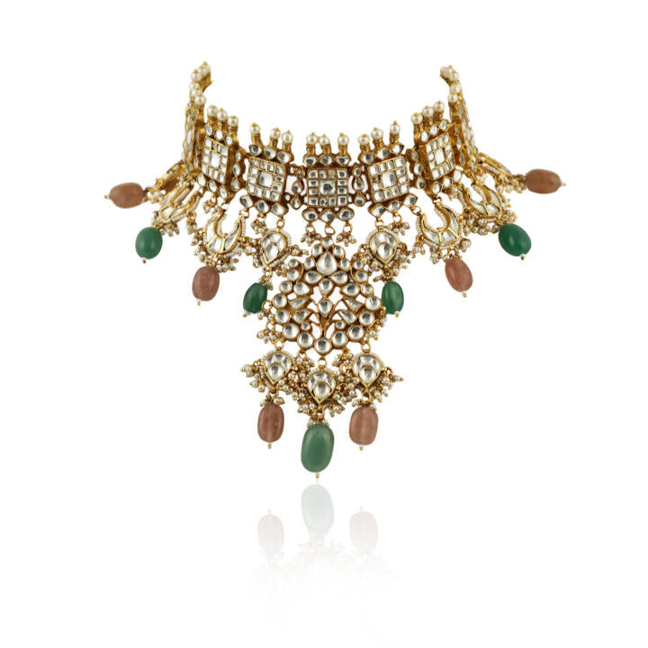 Pastel Pink And Sea Green  Necklace  With Jhumki