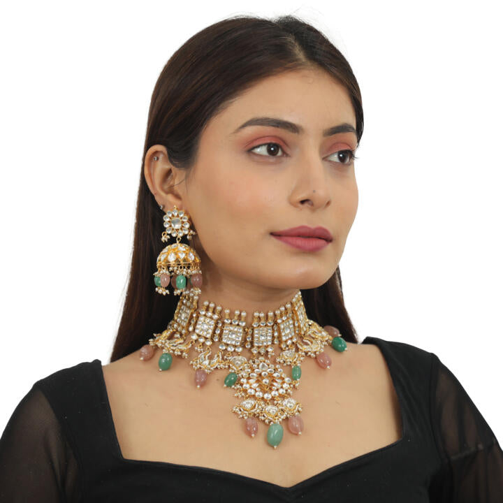 Pastel Pink And Sea Green  Necklace  With Jhumki