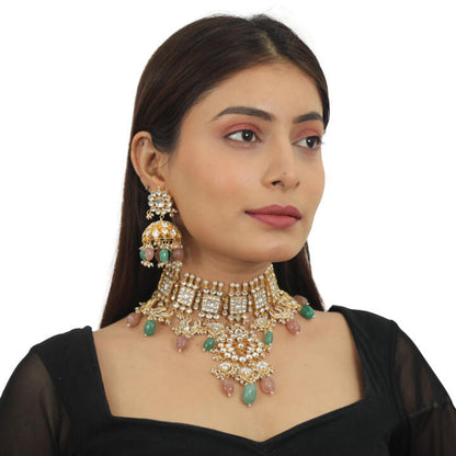 Pastel Pink And Sea Green  Necklace  With Jhumki