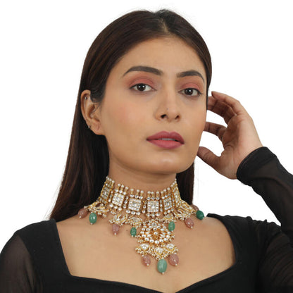 Pastel Pink And Sea Green  Necklace  With Jhumki