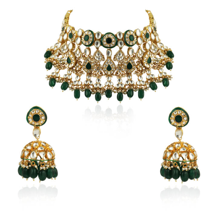 Green Meenakari Double Layered Necklace Set